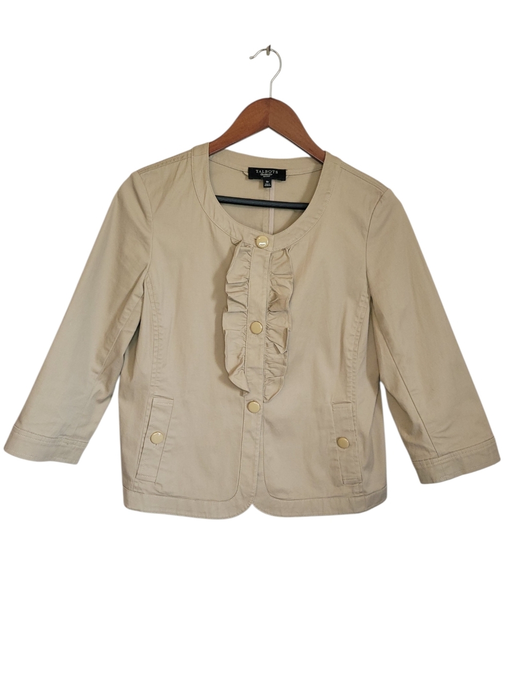 Talbots 8P Petite Khaki Ruffle Blazer Jacket Cropped Career Preppy Chic